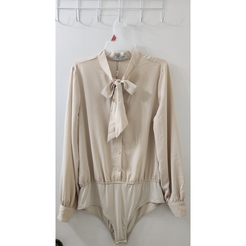 Kate Kasin Womens Beige Long Sleeve Tie Neck Button Front Bodysuit Large NWT